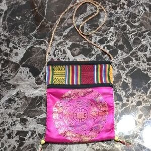 Pink Embroidered Crossbody Bag with Thin Strap
